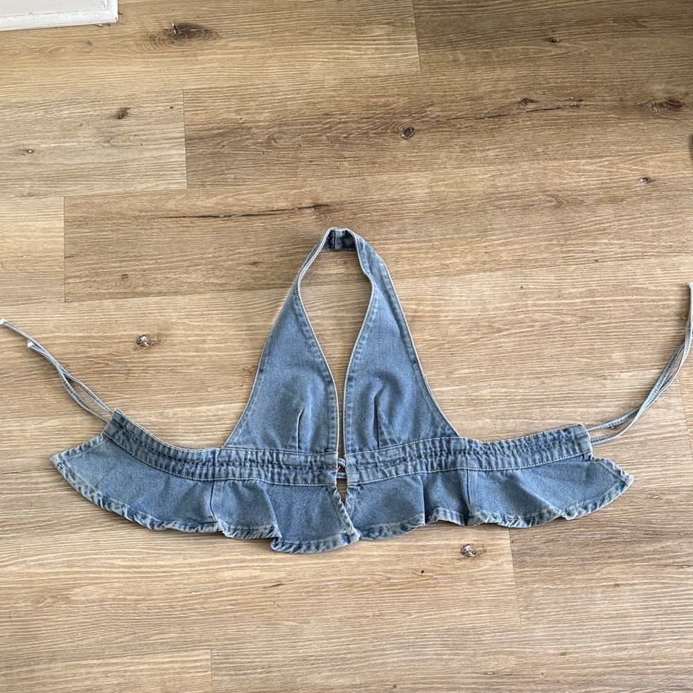Denim Halter Ruffle Tank Top - Light Blue